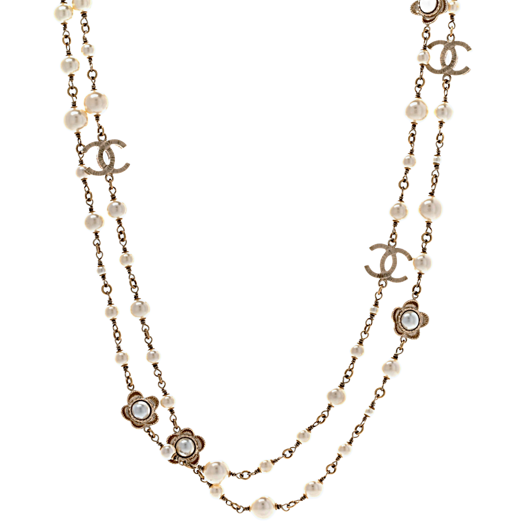 CHANEL Pearl Bead CC Flower Necklace | 49.5 in.