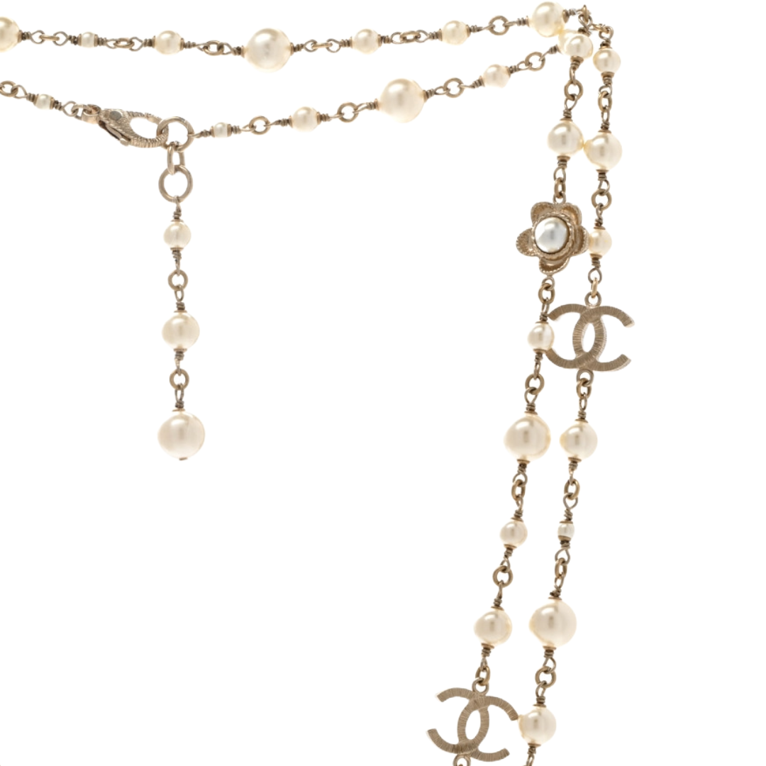 CHANEL Pearl Bead CC Flower Necklace | 49.5 in.