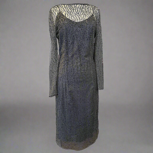 PAMELA DENNIS Beaded Grey Dress + Slip | Size 4