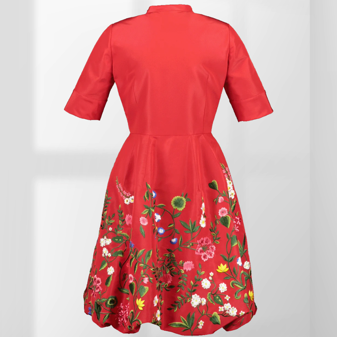 Oscar de la Renta Silk Red Floral Embroidered Bubble Hem Dress – US 4