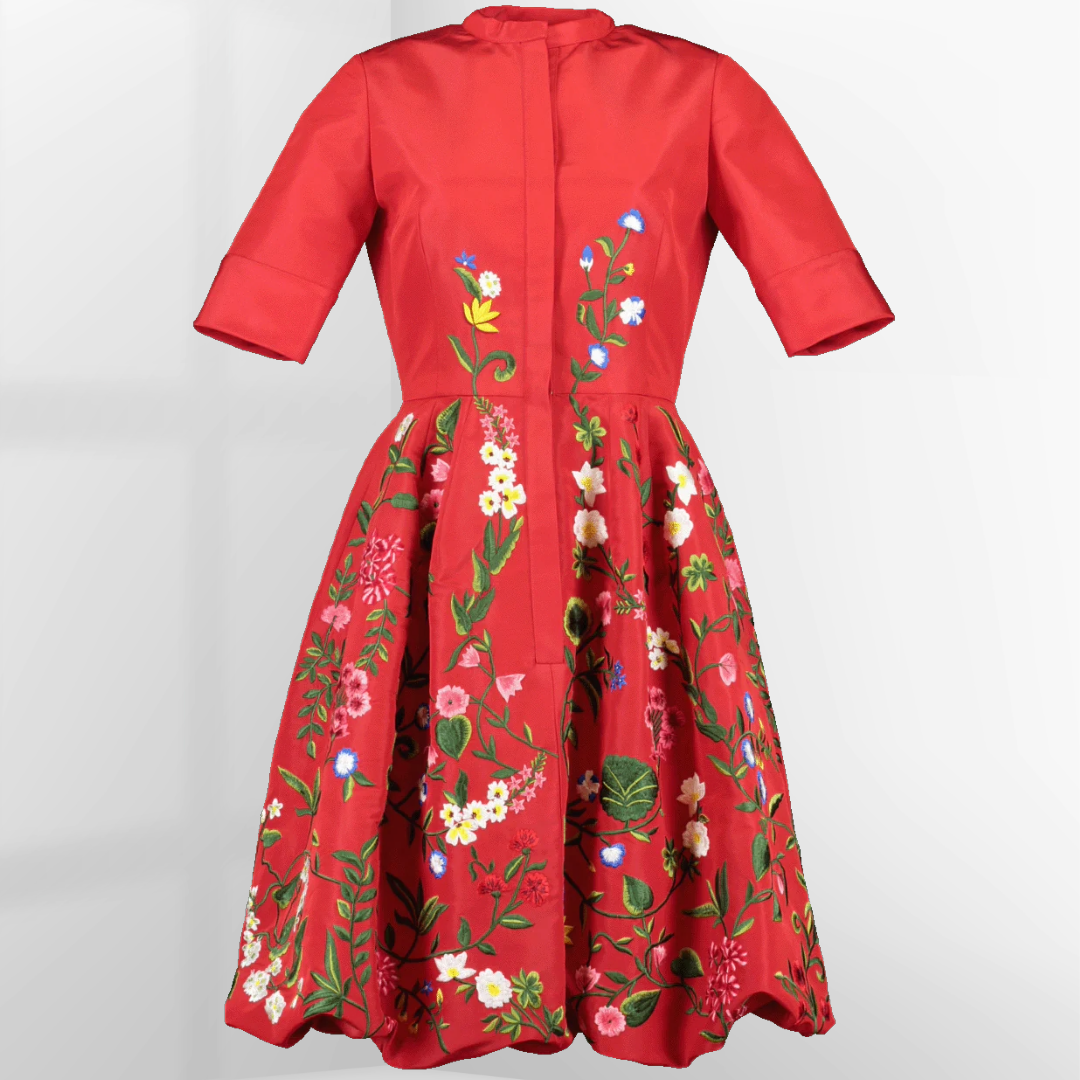 Oscar de la Renta Silk Red Floral Embroidered Bubble Hem Dress – US 4