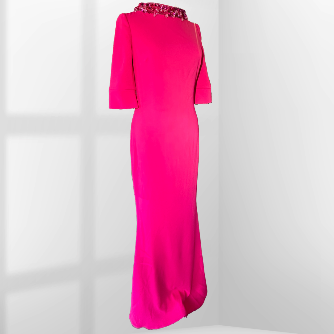 BADGLEY MISCHKA Odessa Crepe Gown in Fuchsia | Size 4-6