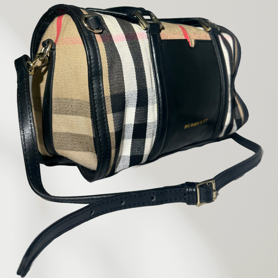 BURBERRY Alchester Medium House Check Satchel Bag in Black & Beige