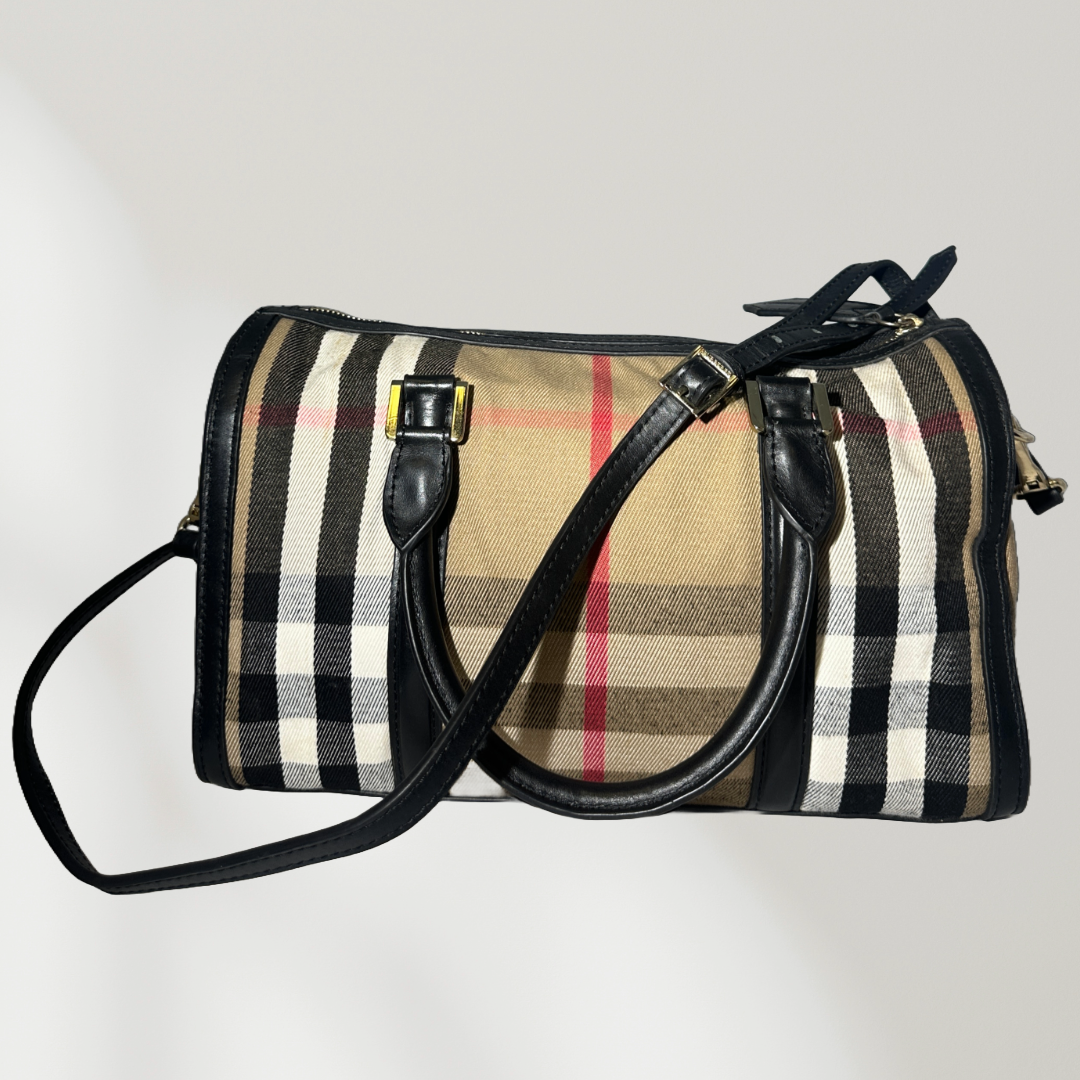 BURBERRY Alchester Medium House Check Satchel Bag in Black & Beige