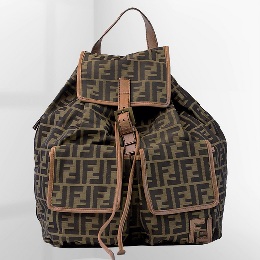 FENDI Brown & Black Zucca Monogram Canvas Drawstring Backpack