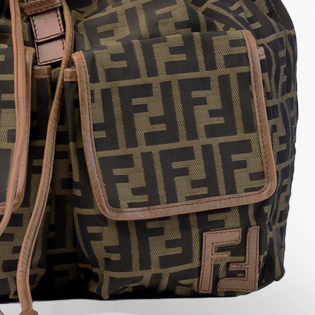 FENDI Brown & Black Zucca Monogram Canvas Drawstring Backpack