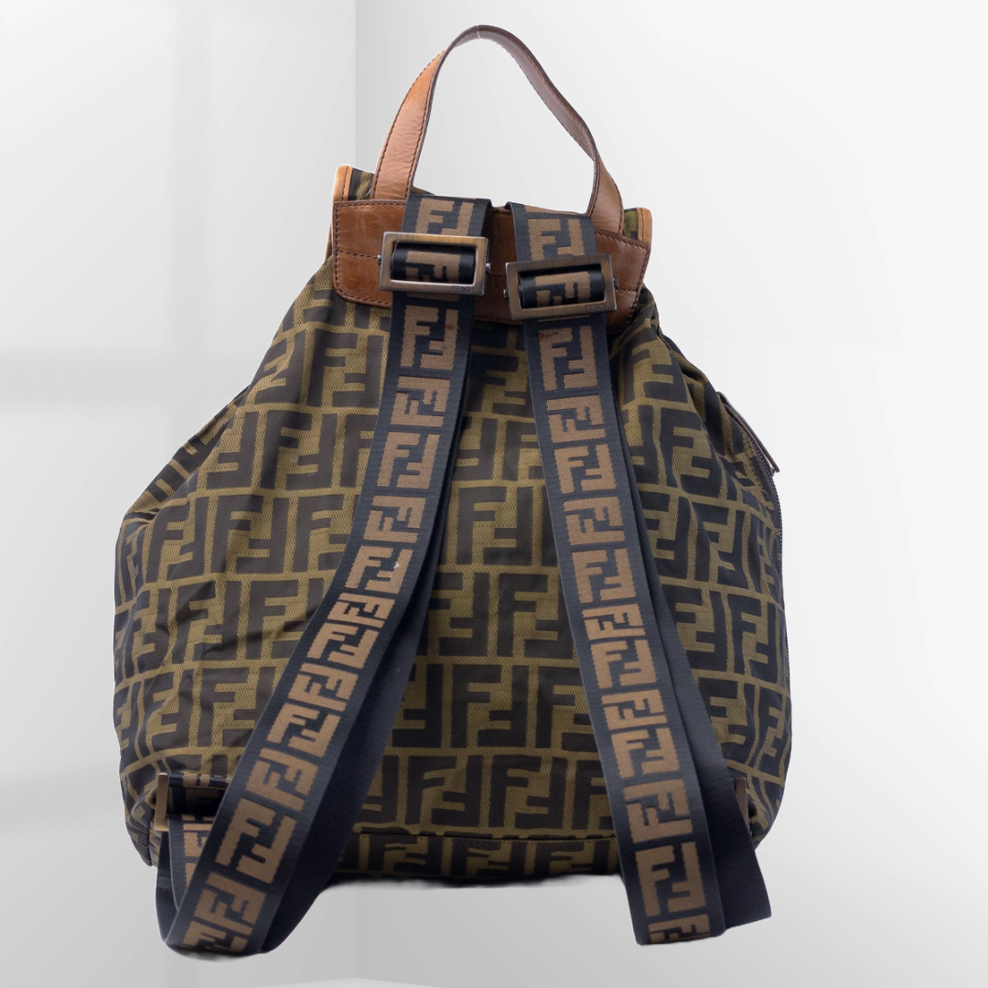 FENDI Brown & Black Zucca Monogram Canvas Drawstring Backpack