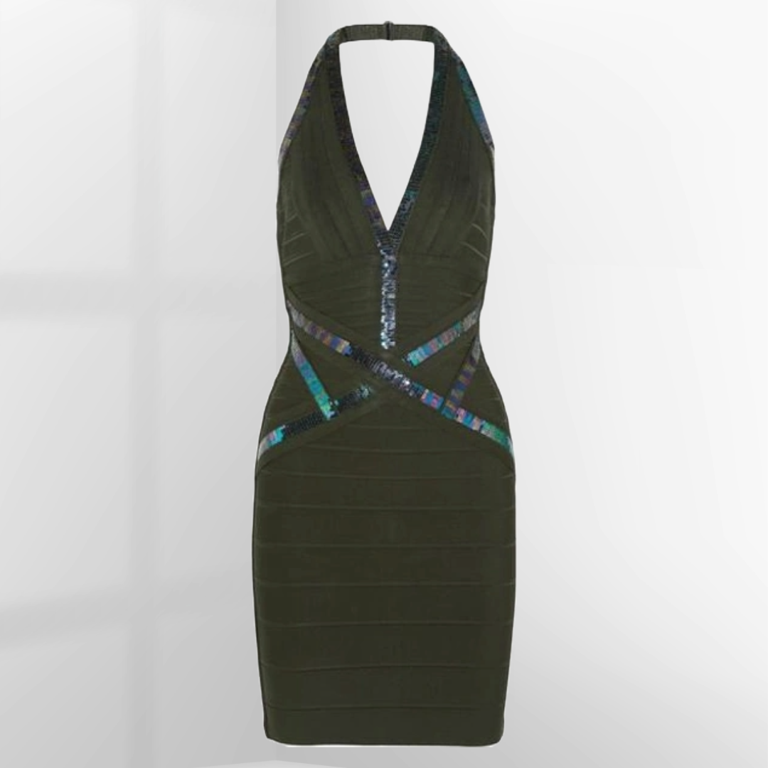 Hervé Léger Kaitlyn Sequin Bandage Halter-neck Mini Dress Army Green