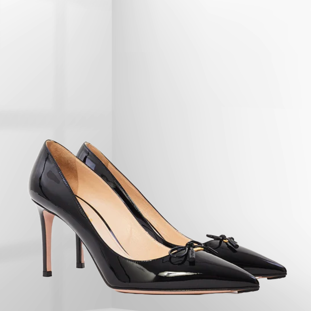 PRADA Black Patent Leather Logo Bow Pointed Toe Pumps | 36.5