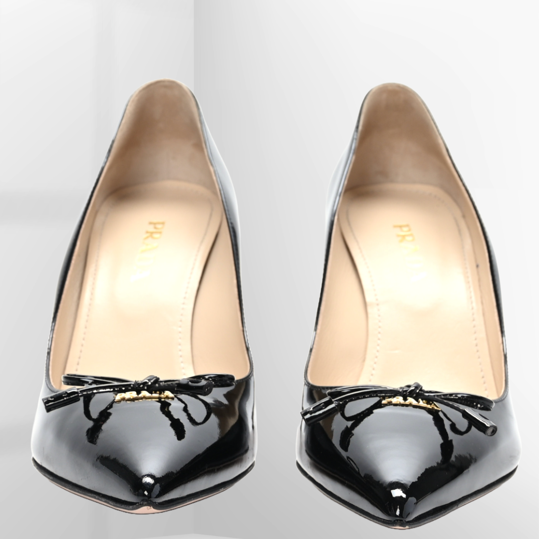 PRADA Black Patent Leather Logo Bow Pointed Toe Pumps | 36.5