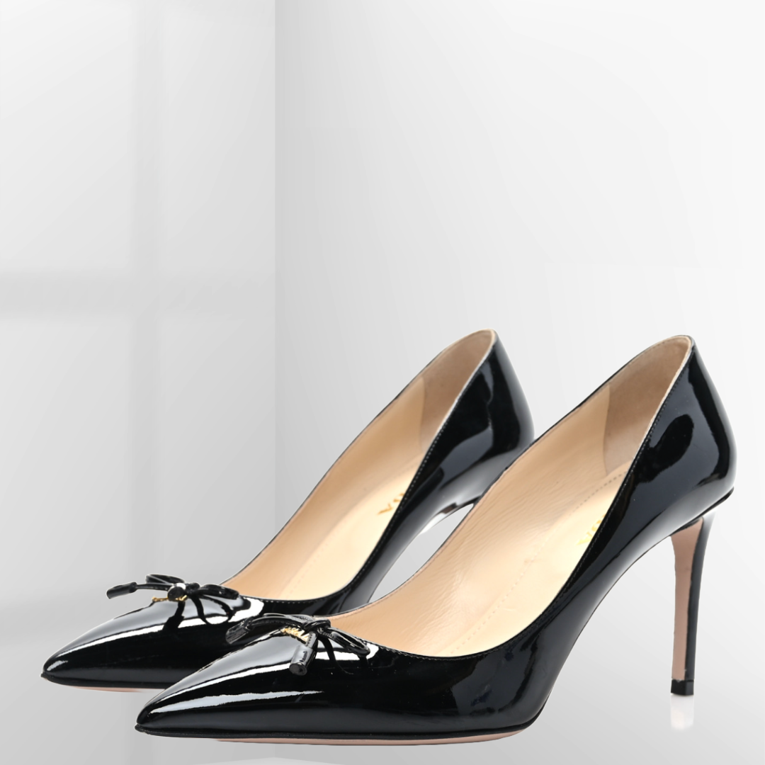 PRADA Black Patent Leather Logo Bow Pointed Toe Pumps | 36.5