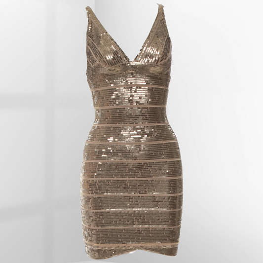 Hervé Léger Kaitlyn Bandage Dress with Gold Sequins Size XS