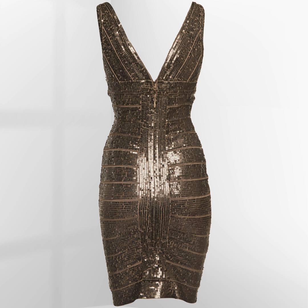 Hervé Léger Kaitlyn Bandage Dress with Gold Sequins Size XS