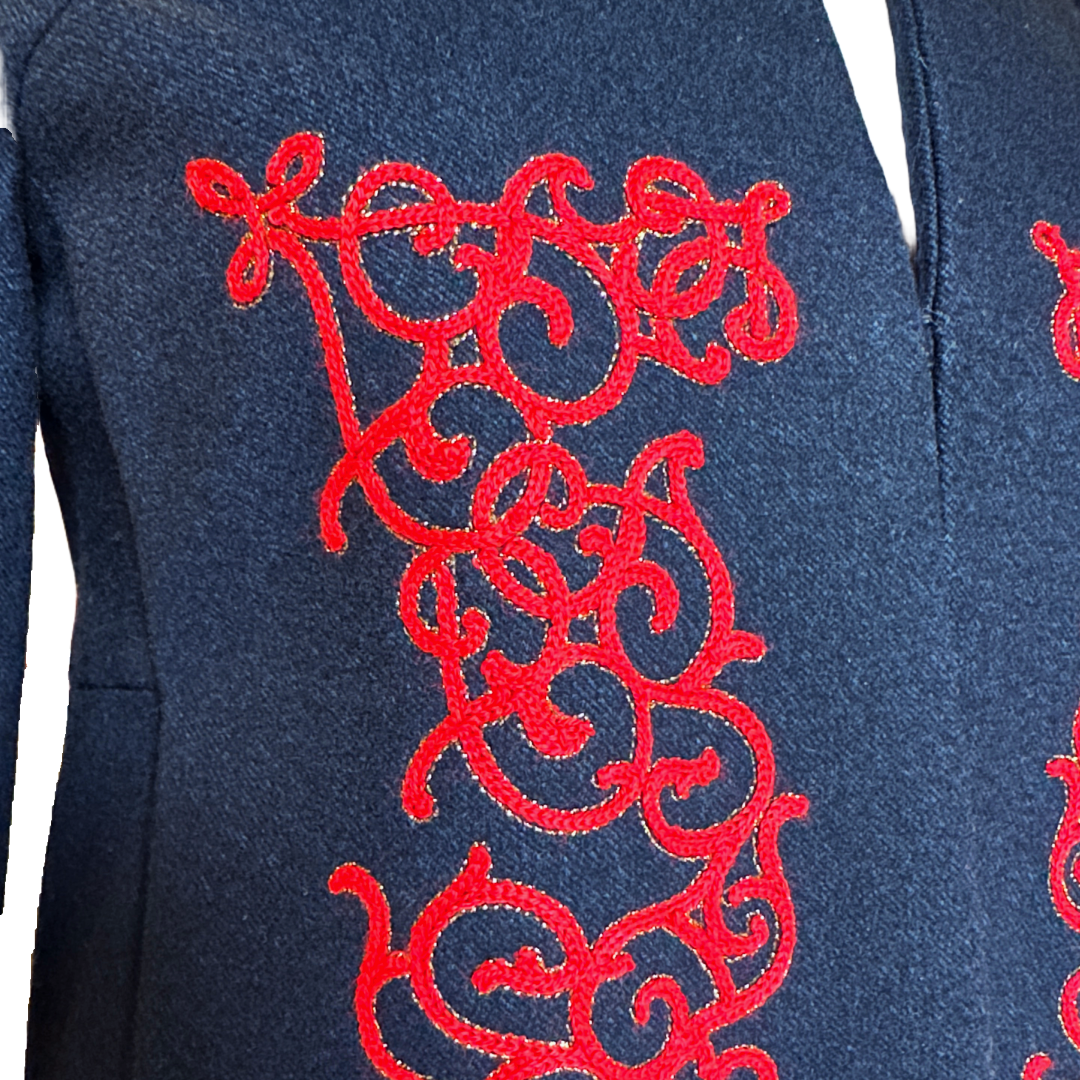 CHANEL F/W 2015 Navy Wool Red Embroidered Coat | FR 34 (US 2)