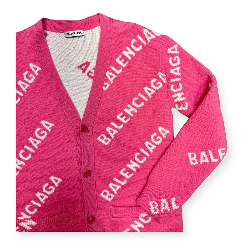 BALENCIAGA All Over Logo Cardigan in Pink | Size XS