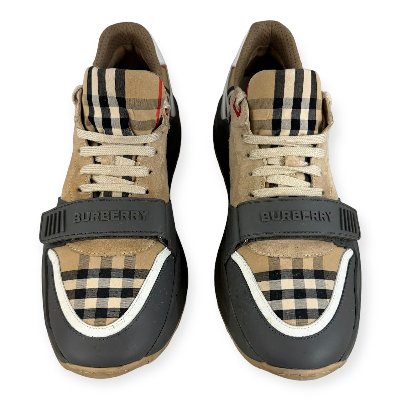 BURBERRY Check Runners in Tan Gray | Size 45