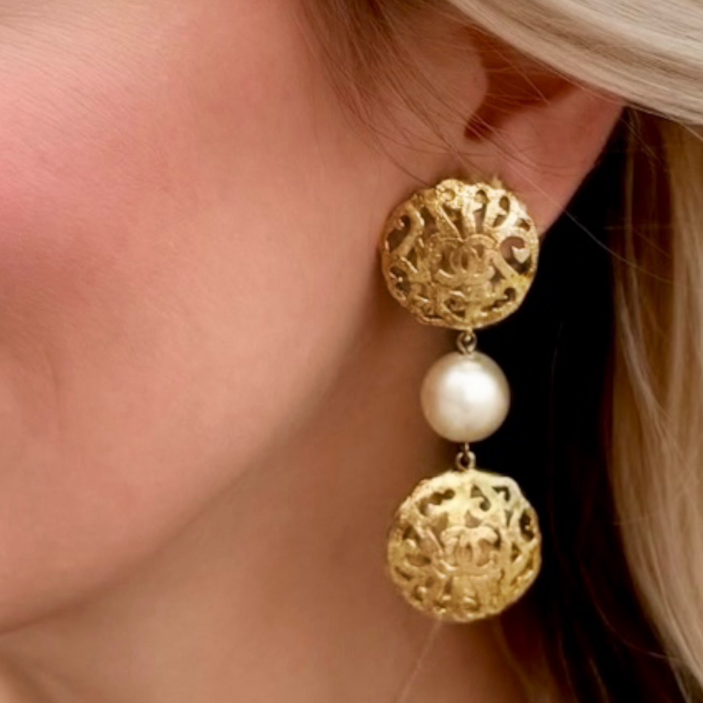 CHANEL Filigree Pearl Drop Earrings in Gold