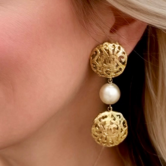 CHANEL Filigree Pearl Drop Earrings in Gold