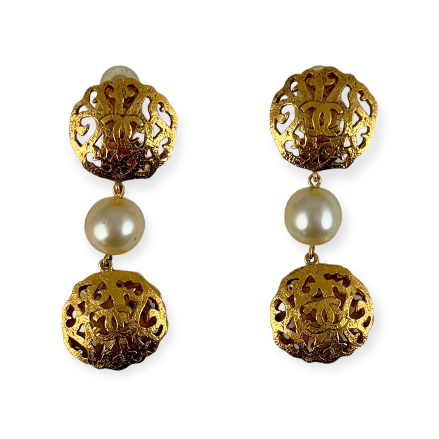 CHANEL Filigree Pearl Drop Earrings in Gold