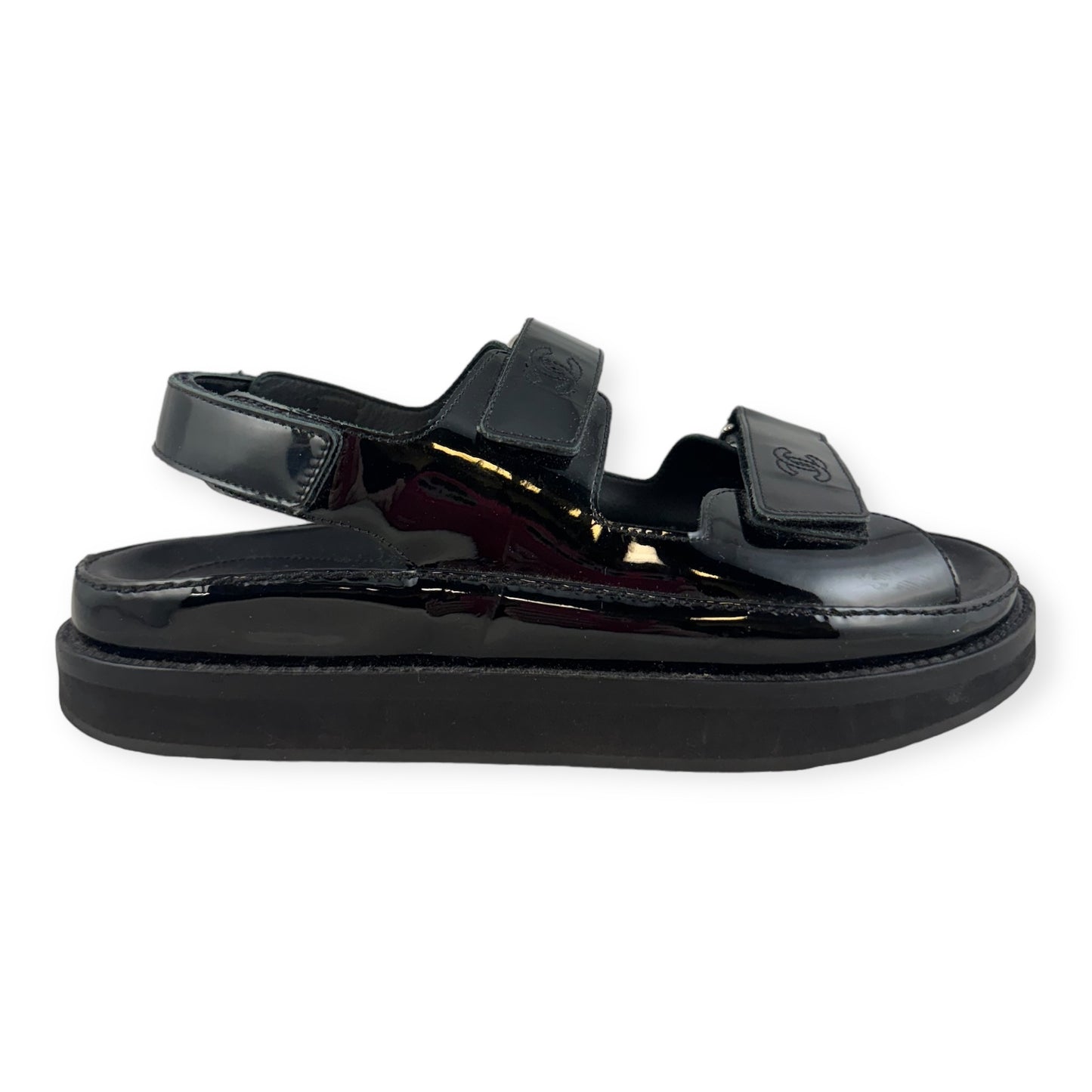 CHANEL Patent Dad Sandals in Black | Size 40