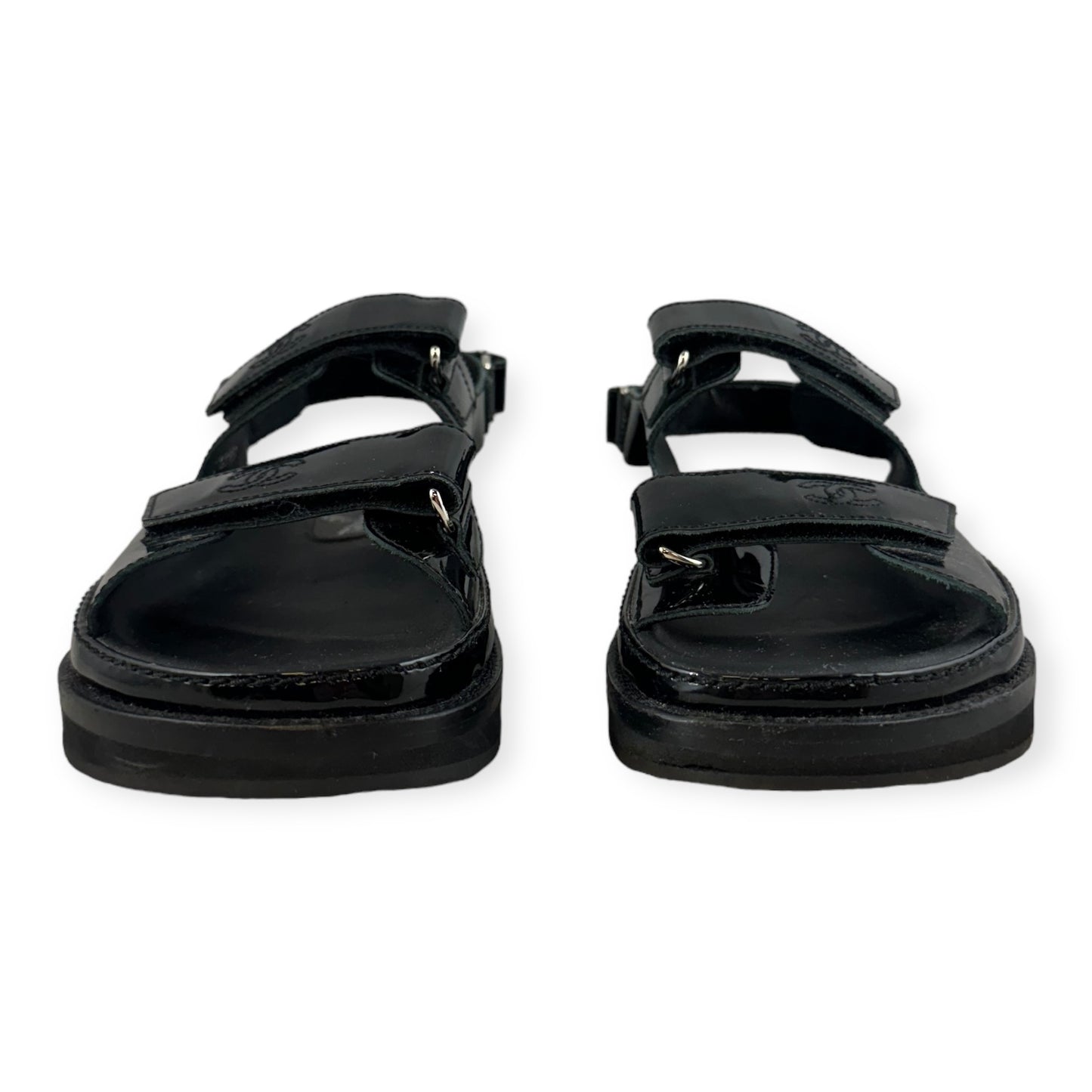 CHANEL Patent Dad Sandals in Black | Size 40