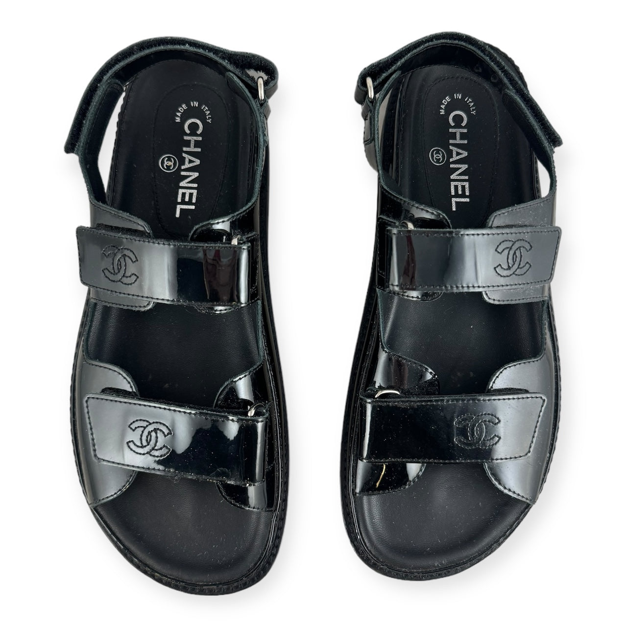 CHANEL Patent Dad Sandals in Black | Size 40