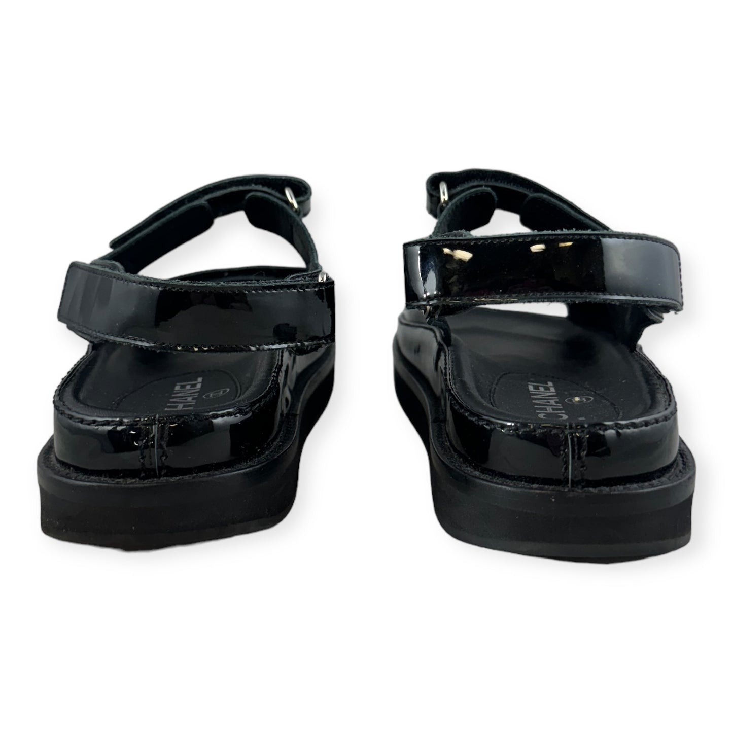 CHANEL Patent Dad Sandals in Black | Size 40