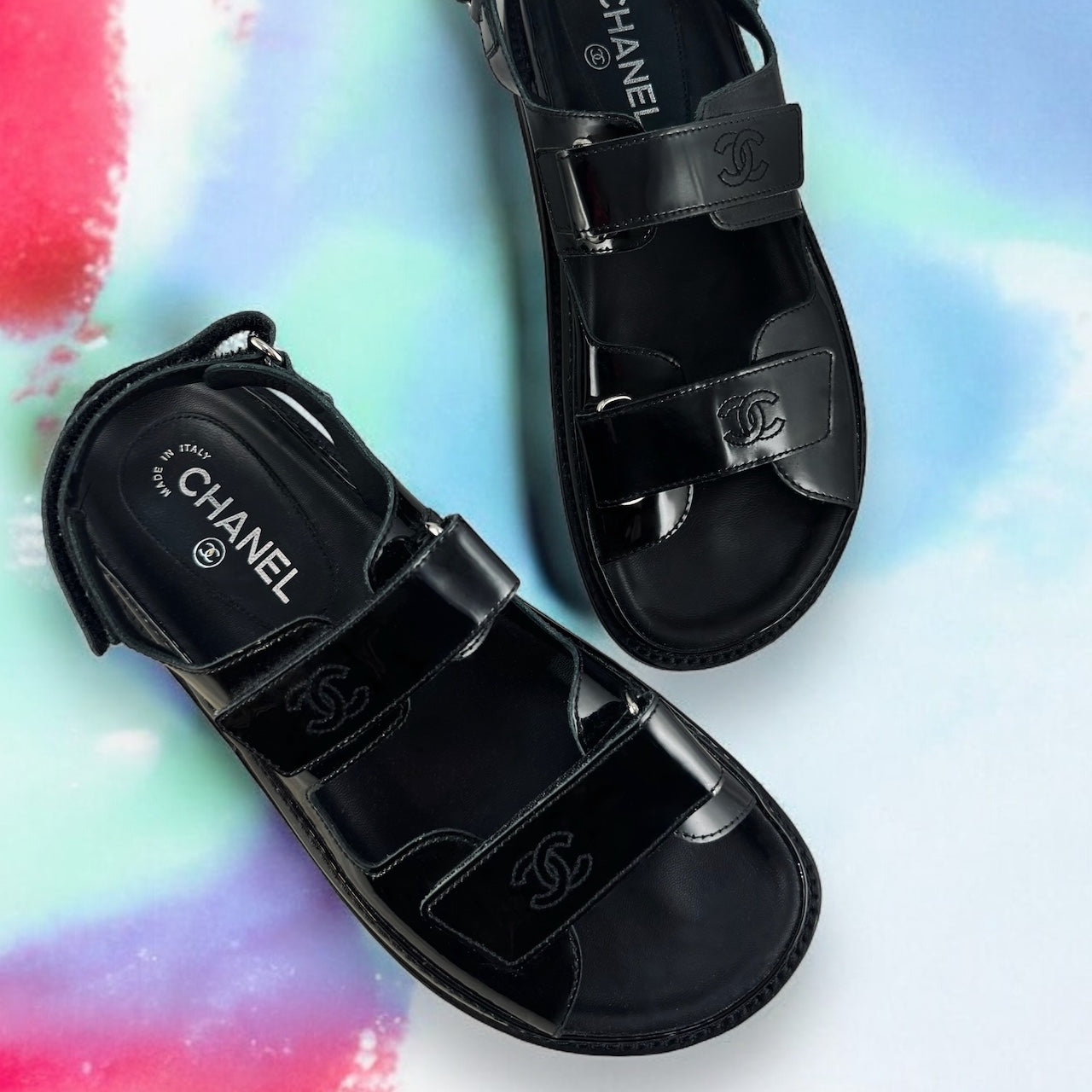 CHANEL Patent Dad Sandals in Black | Size 40