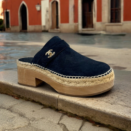 CHANEL Suede Clogs in Navy | Size 38