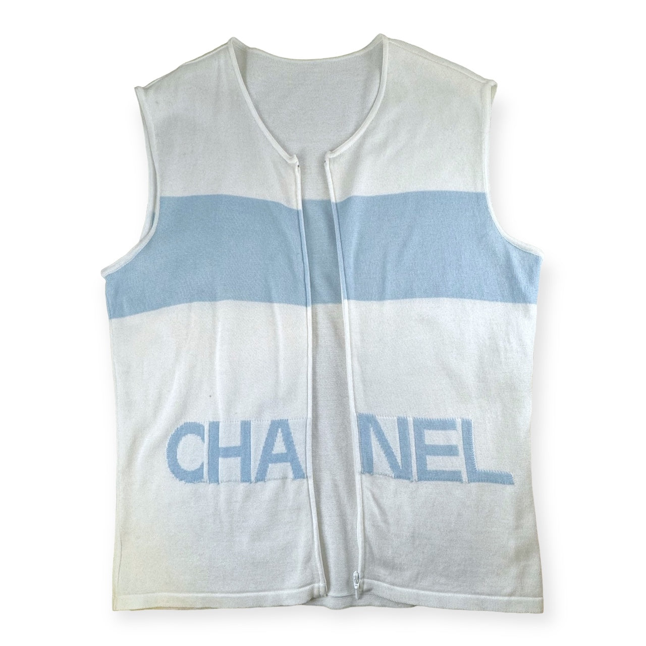 CHANEL Zip Knit Top in Blue White | Size 44