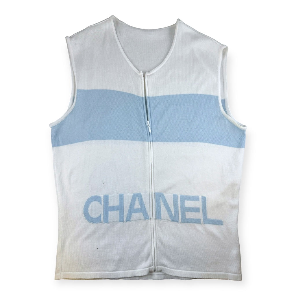 CHANEL Zip Knit Top in Blue White | Size 44