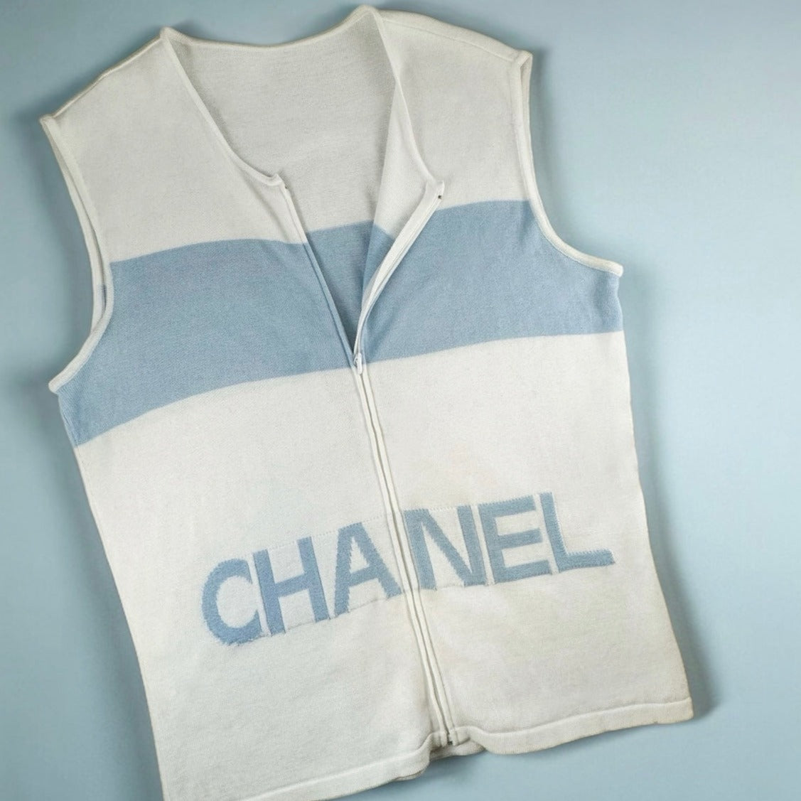 CHANEL Zip Knit Top in Blue White | Size 44