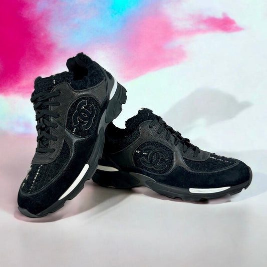 CHANEL Tweed CC Sneakers in Black | Size 39.5