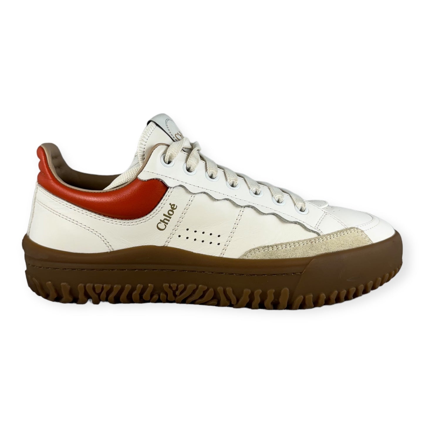 CHLOE Leather Scallop Sneakers in Ivory Orange | Size 38