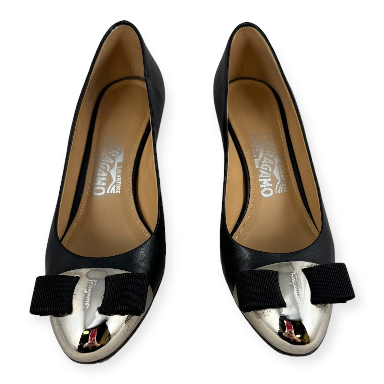 FERRAGAMO Cap Toe Vara Pumps in Black Silver | Size 36.5