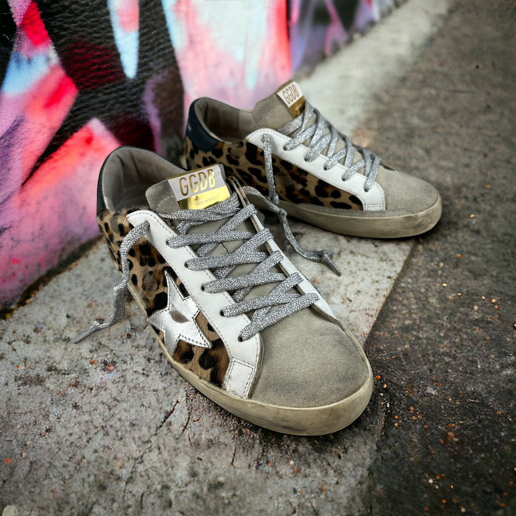 GOLDEN GOOSE Leopard Sneakers in Brown Silver | Size 38