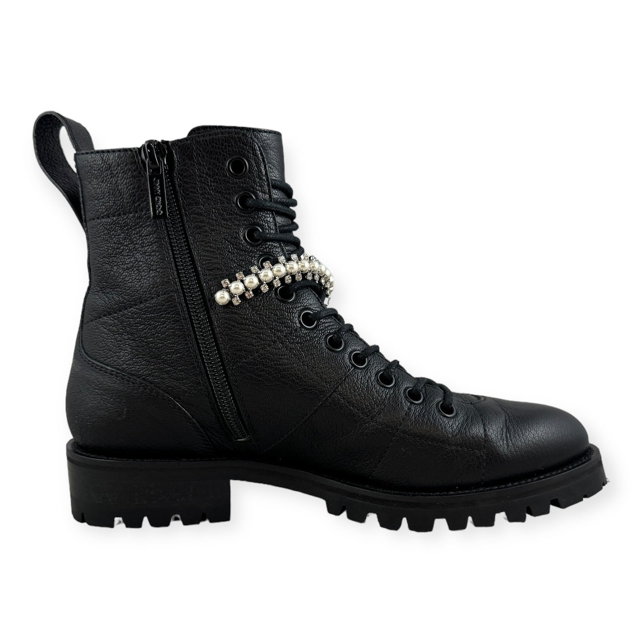 JIMMY CHOO Cruz Pearl Combat Boots in Black | Size 36