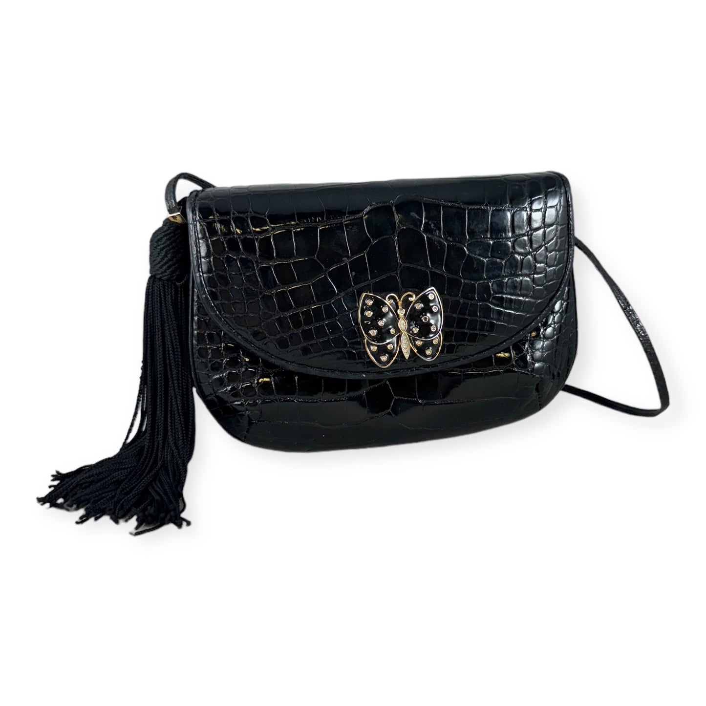 JUDITH LEIBER Alligator Butterfly Clutch in Black