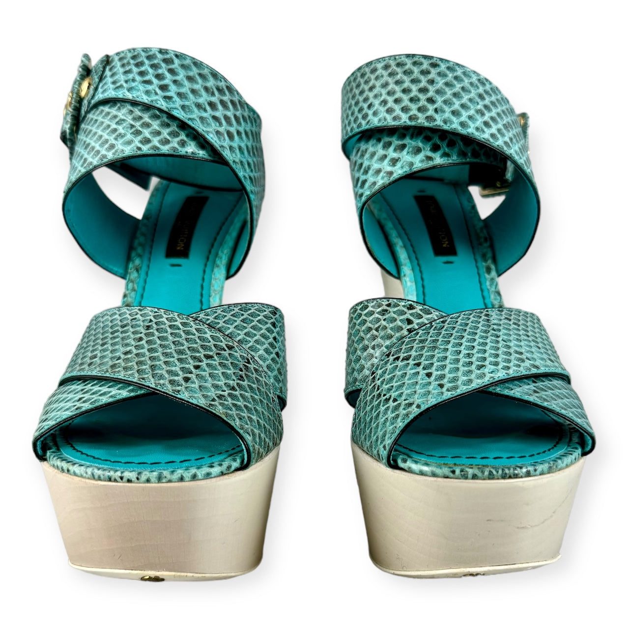 LOUIS VUITTON Snake Wedge Sandals in Turquoise | Size 37.5