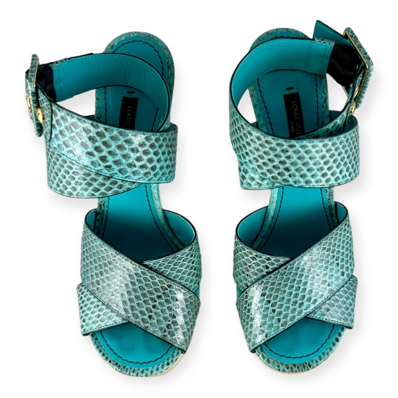 LOUIS VUITTON Snake Wedge Sandals in Turquoise | Size 37.5