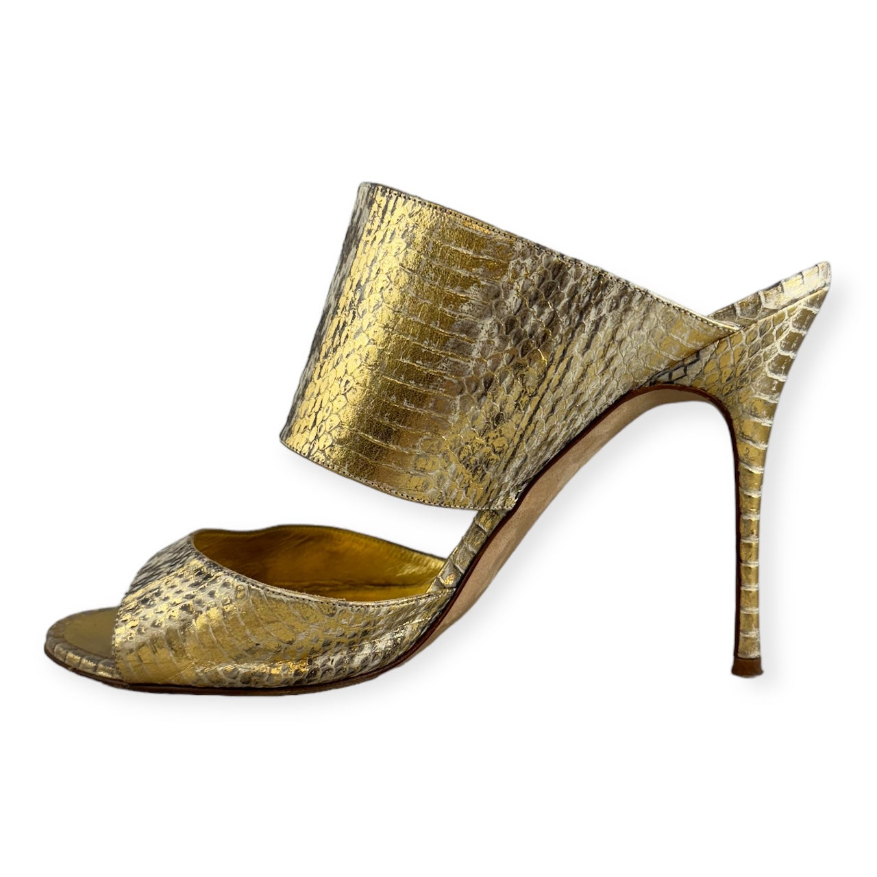 MANOLO BLAHNIK Snake Sandals in Gold | Size 40