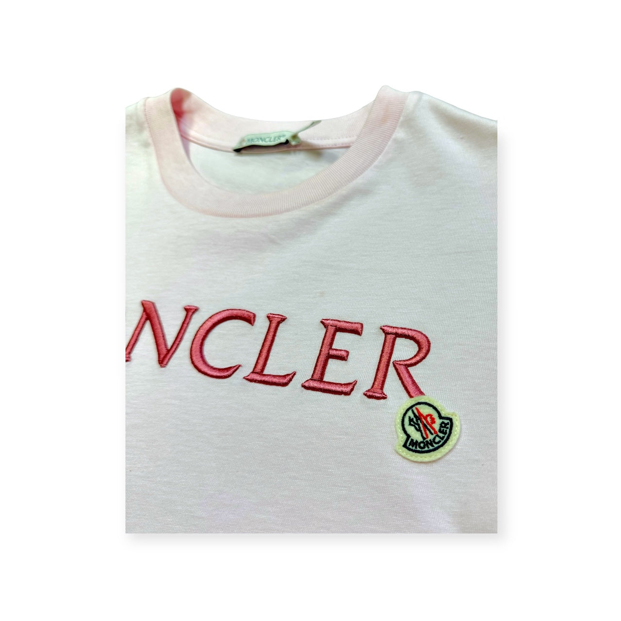 MONCLER Embroidered Logo T-Shirt in Pink | Size Small