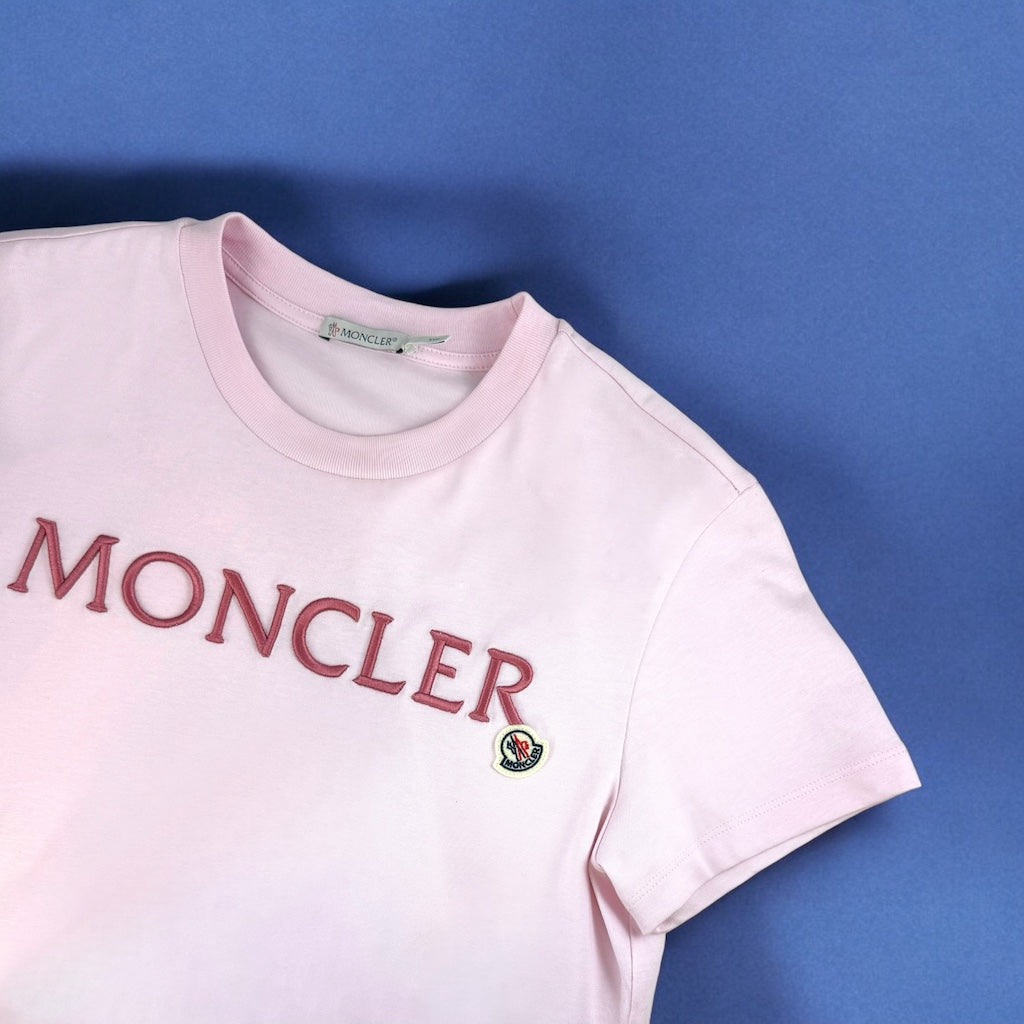 MONCLER Embroidered Logo T-Shirt in Pink | Size Small