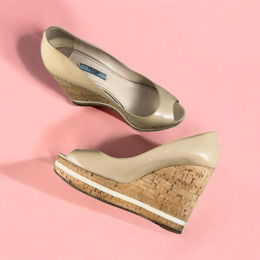 PRADA Patent Cork Wedges in Nude | Size 39