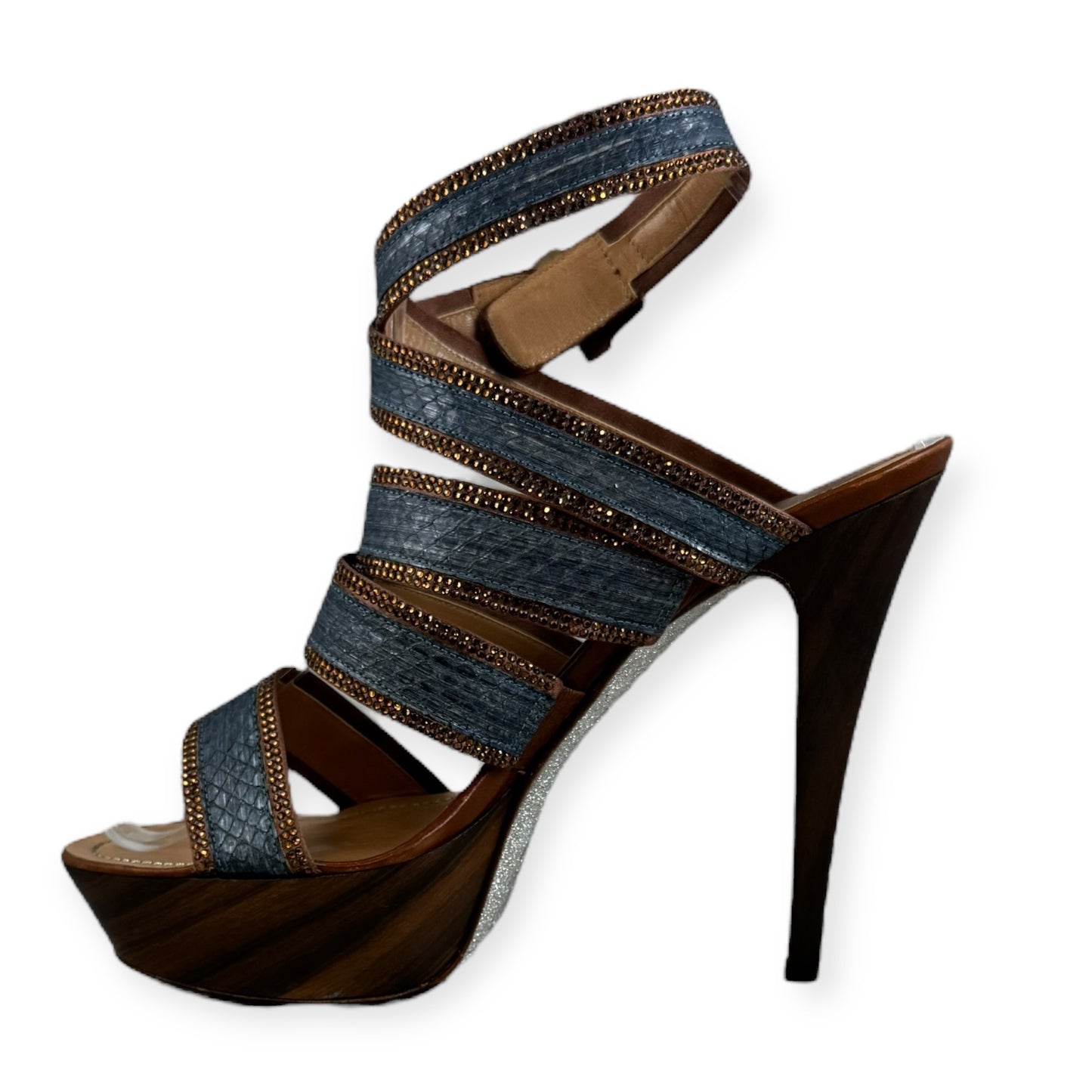 RENE CAOVILLA Snake Crystal Sandals in Blue Copper