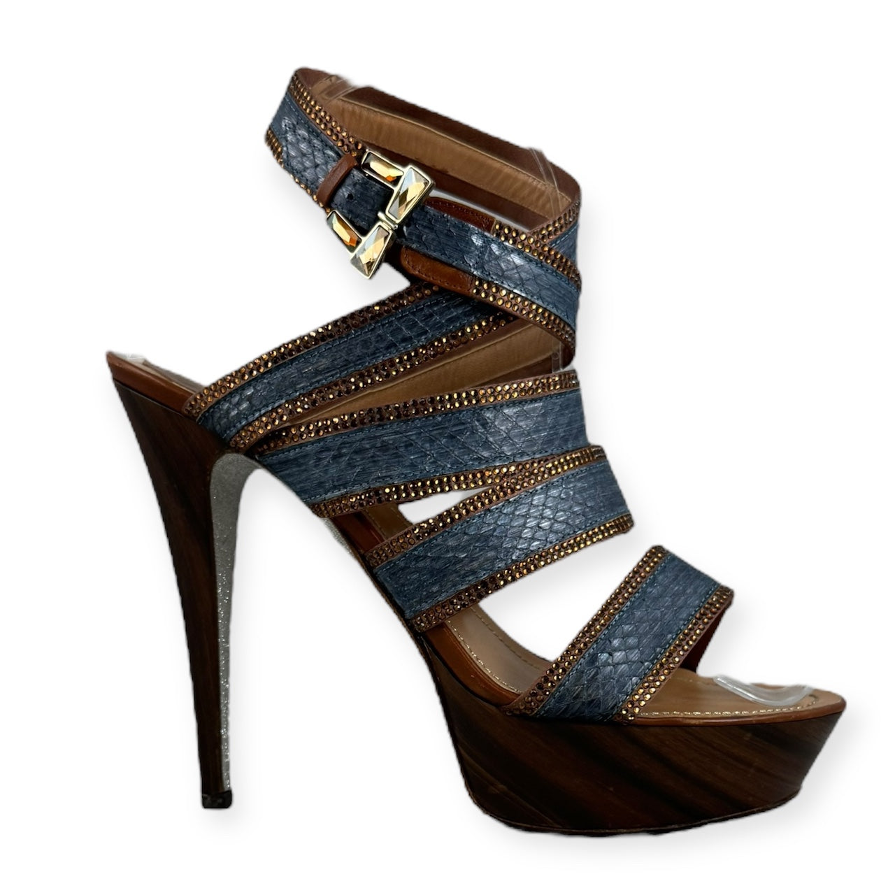 RENE CAOVILLA Snake Crystal Sandals in Blue Copper