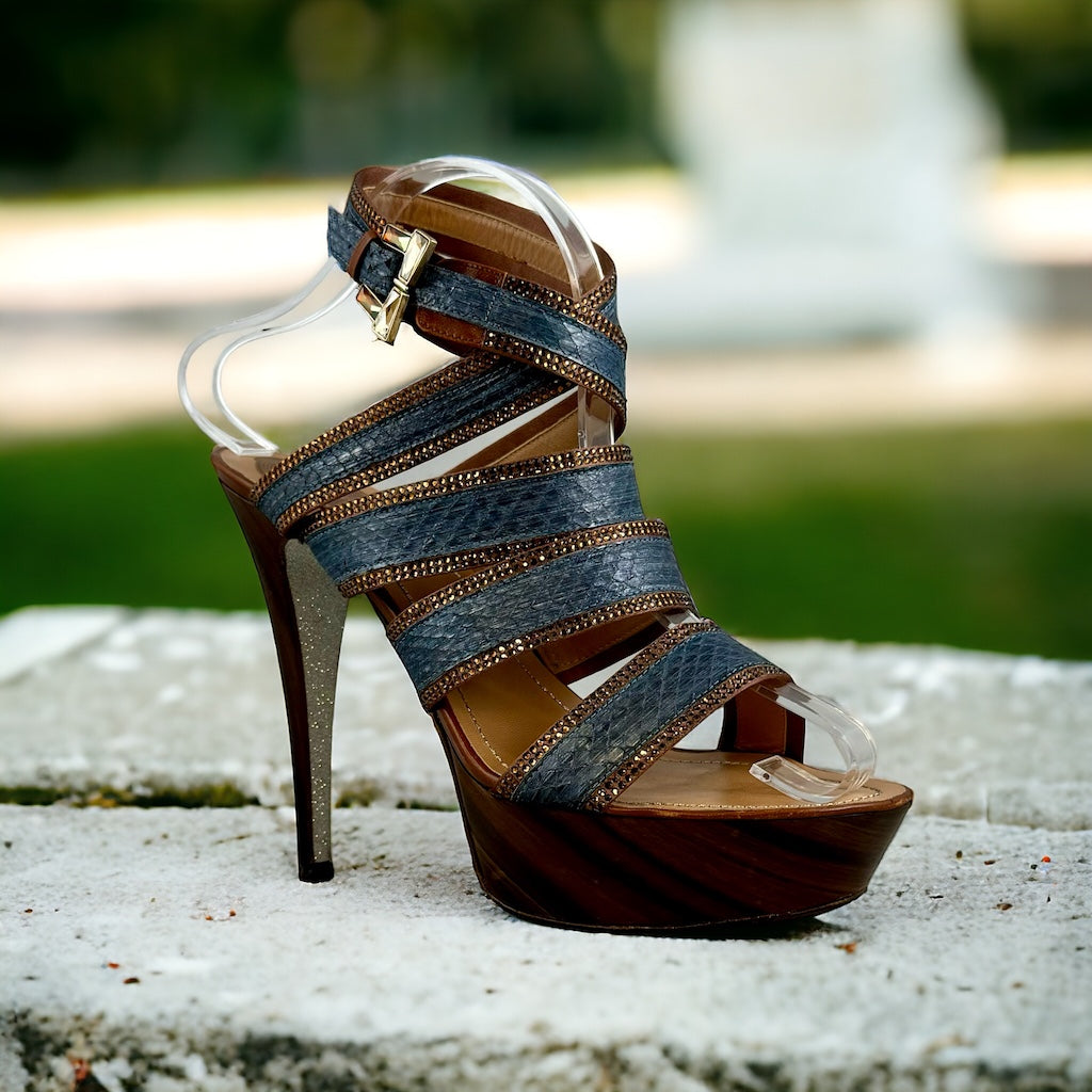 RENE CAOVILLA Snake Crystal Sandals in Blue Copper