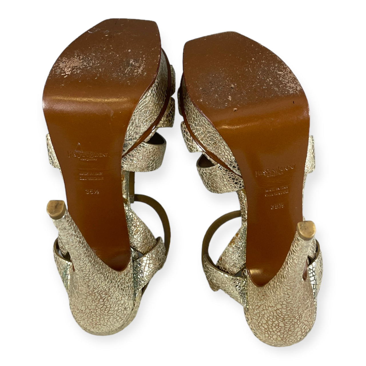 SAINT LAURENT Tribute Sandals in Gold | Size 35.5