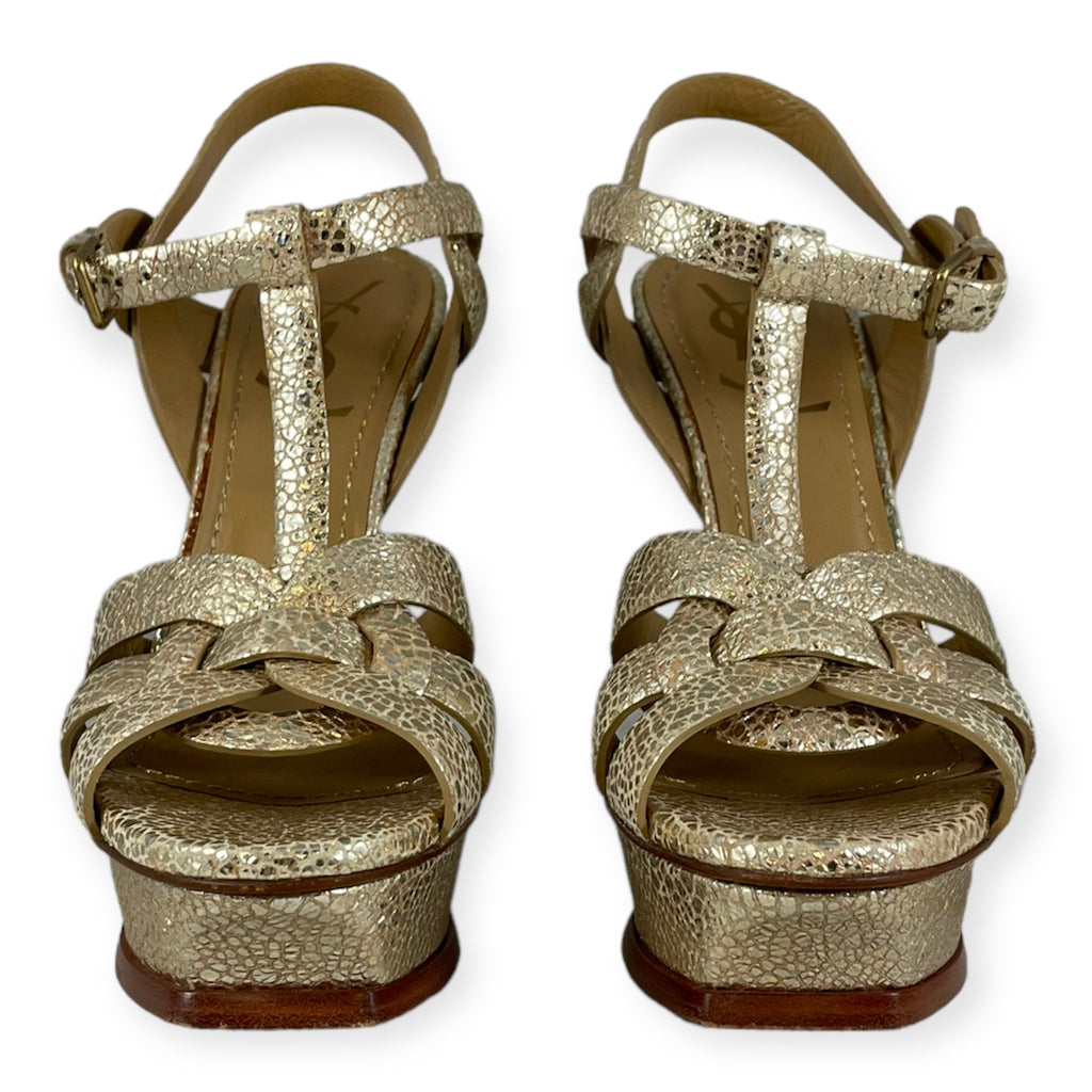 SAINT LAURENT Tribute Sandals in Gold | Size 35.5