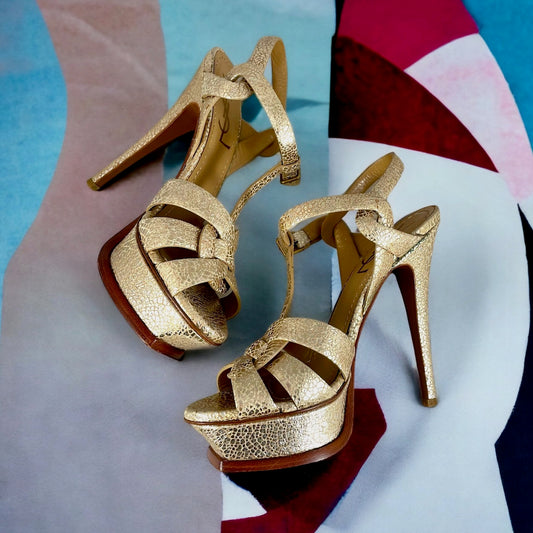 SAINT LAURENT Tribute Sandals in Gold | Size 35.5